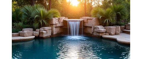 Decorative waterfall feature at a pool entrance